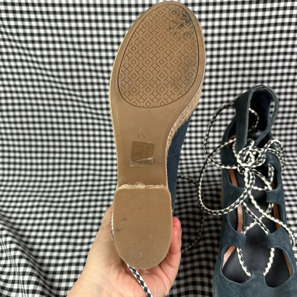 Tory Burch Positano Lace-Up Platform Suede Espadrille Navy Blue Women's Size 8.5